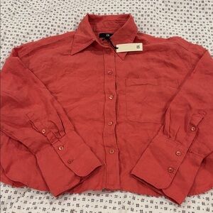Banana Republic linen blouse, cropped, boxy, button front, rose pink, size M